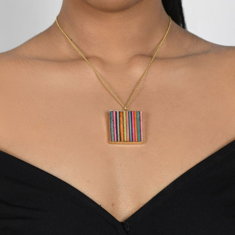 Handcrafted Brass Neckpiece with Square Multicoloured Wood Pendant