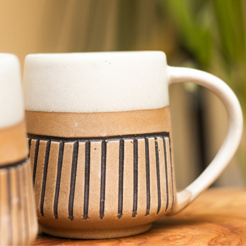 Ceramic Handcrafted Beige and White Coffee Mug- Set of two