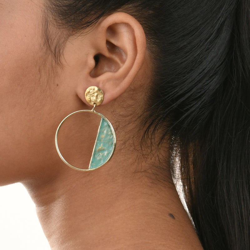Handcrafted Brass Sea Green Circle Stud Earring