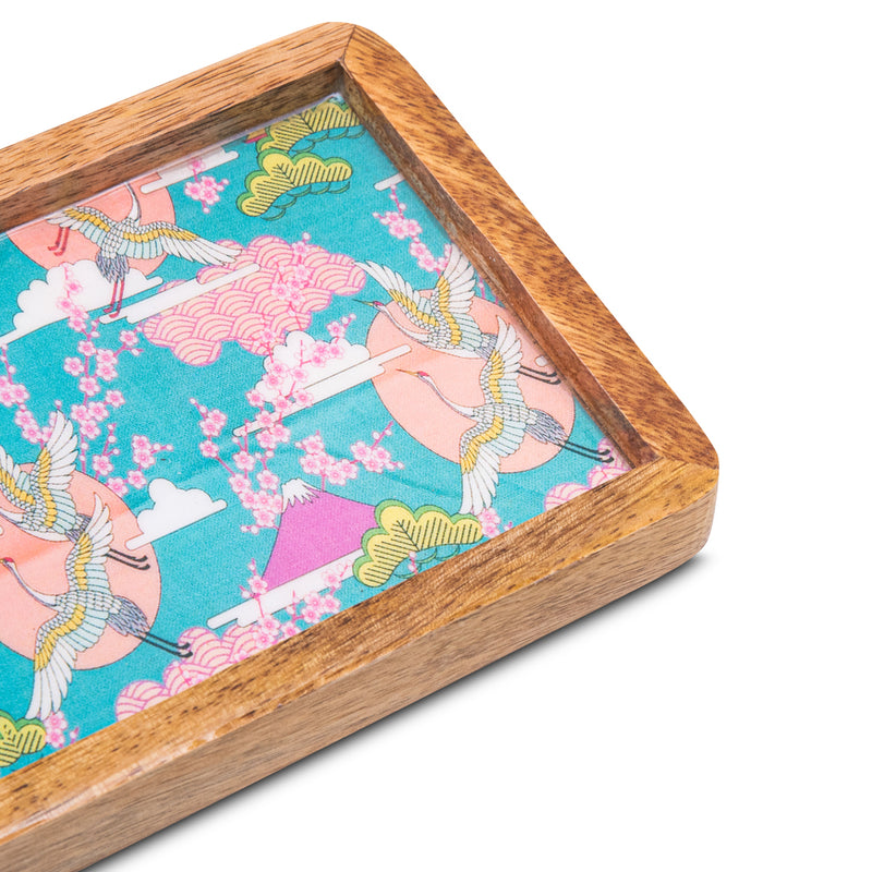 Wooden Tray With Blue Bird Print Design