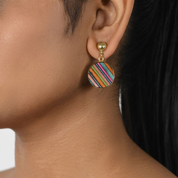 Handcrafted Multicoloured Brass Wood Circle Earring