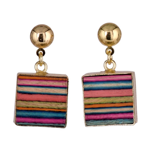 Handcrafted Multicolored Brass Wood Square Earring
