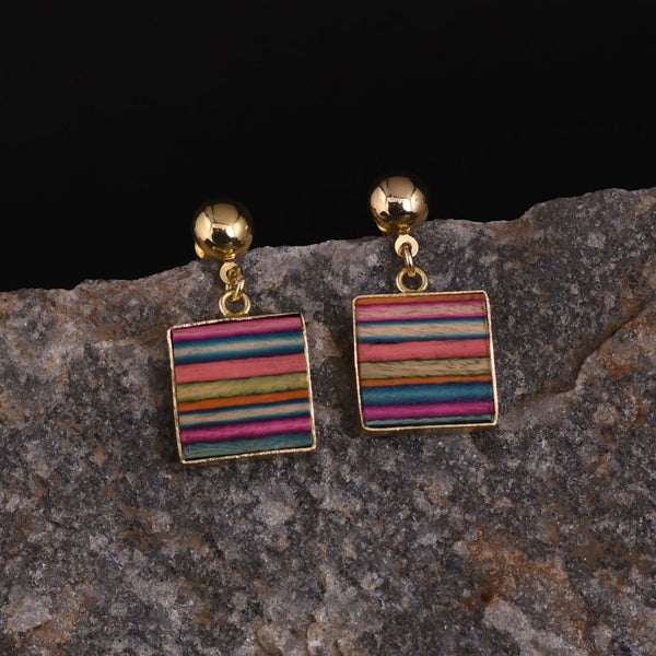 Handcrafted Multicolored Brass Wood Square Earring