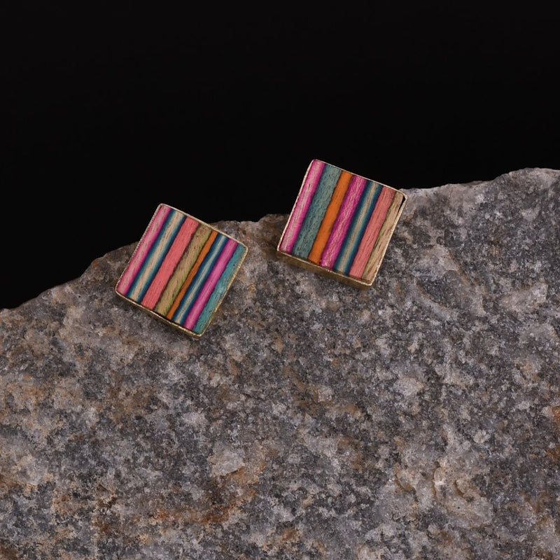 Handcrafted Multicolored Brass Wood Square Stud Earring