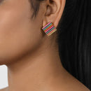 Handcrafted Multicolored Brass Wood Square Stud Earring