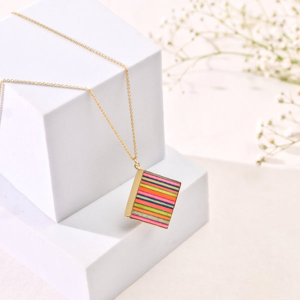 Handcrafted Brass Neckpiece with Square Multicoloured Wood Pendant