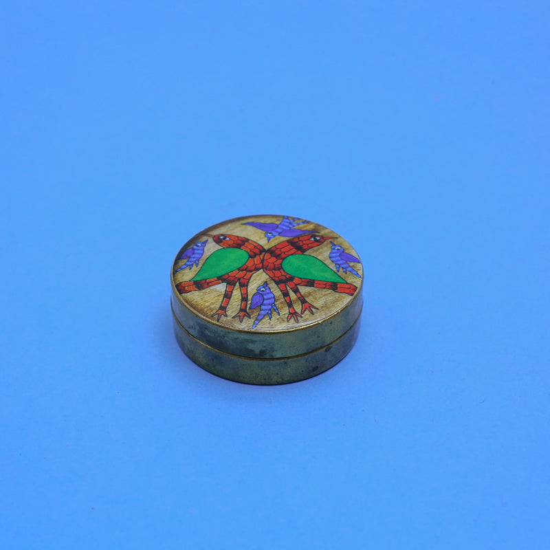 Handcrafted Brass Pill Box Gond Art- Bird Family Design