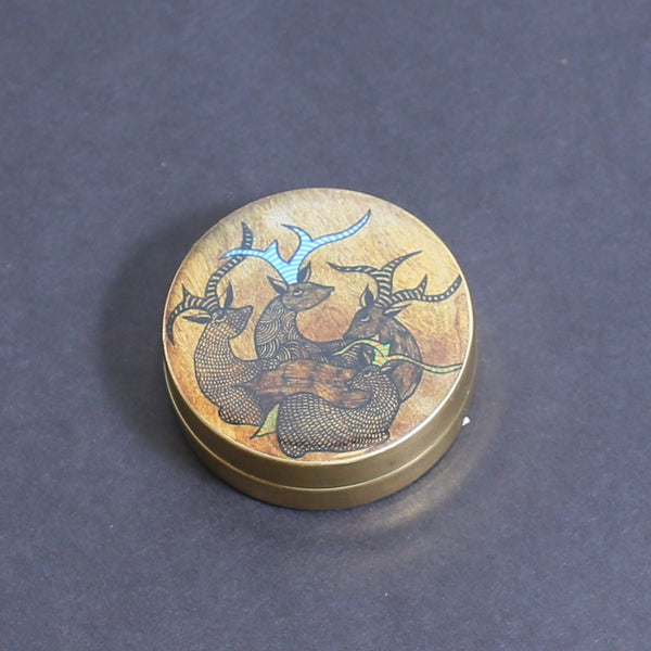 Handcrafted Brass Pill Box Gond Art- Deer Family Design