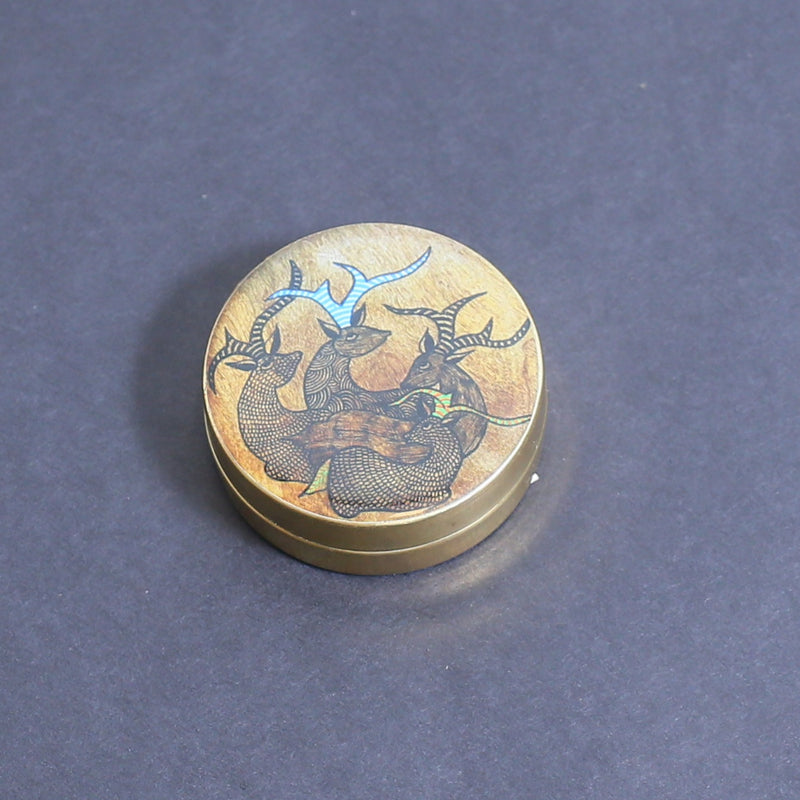 Handcrafted Brass Pill Box Gond Art- Deer Family Design