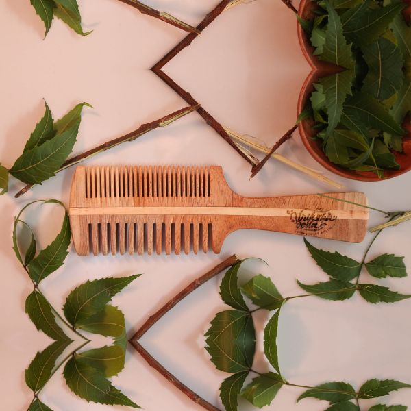 Double-Sided Neem Wood Comb with Handle