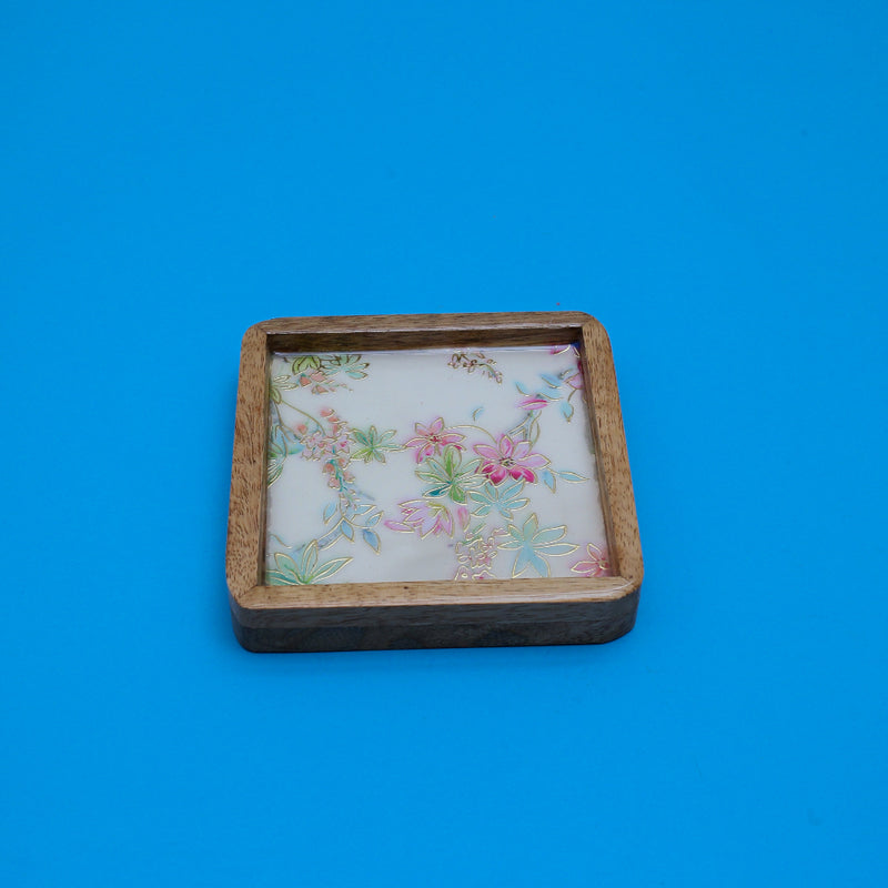 Wooden Square Coasters with White Floral Design Set of 2