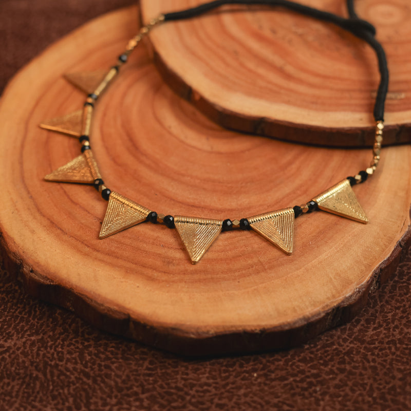 Handcrafted Brass Necklace with Black Beads