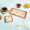 Wooden Tray White Floral With Coaster Set