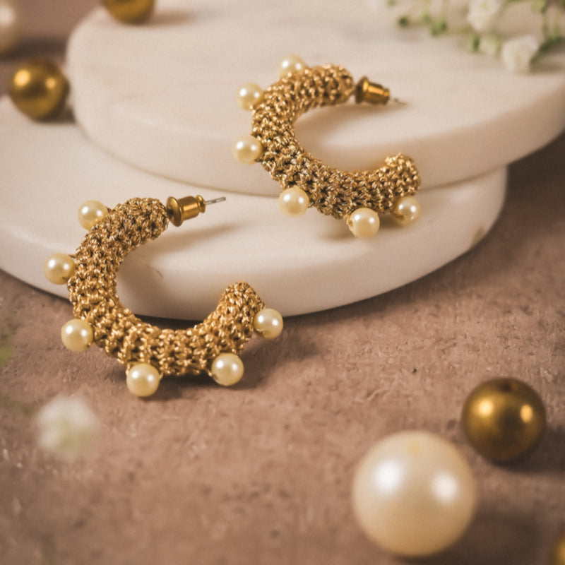 Handwoven Pearl-Embellished Brass Hoops – Contemporary Statement Earrings