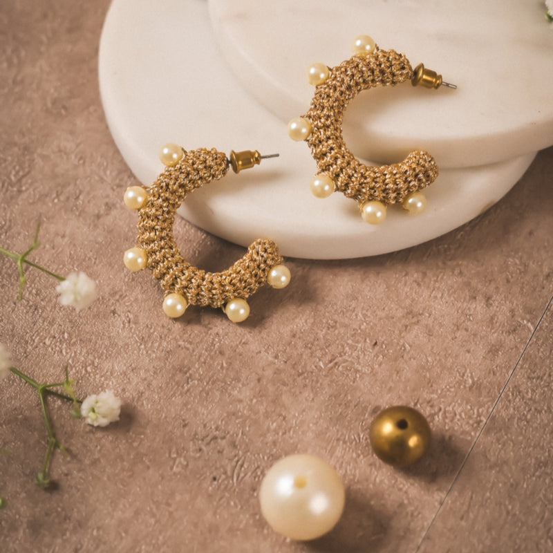 Handwoven Pearl-Embellished Brass Hoops – Contemporary Statement Earrings