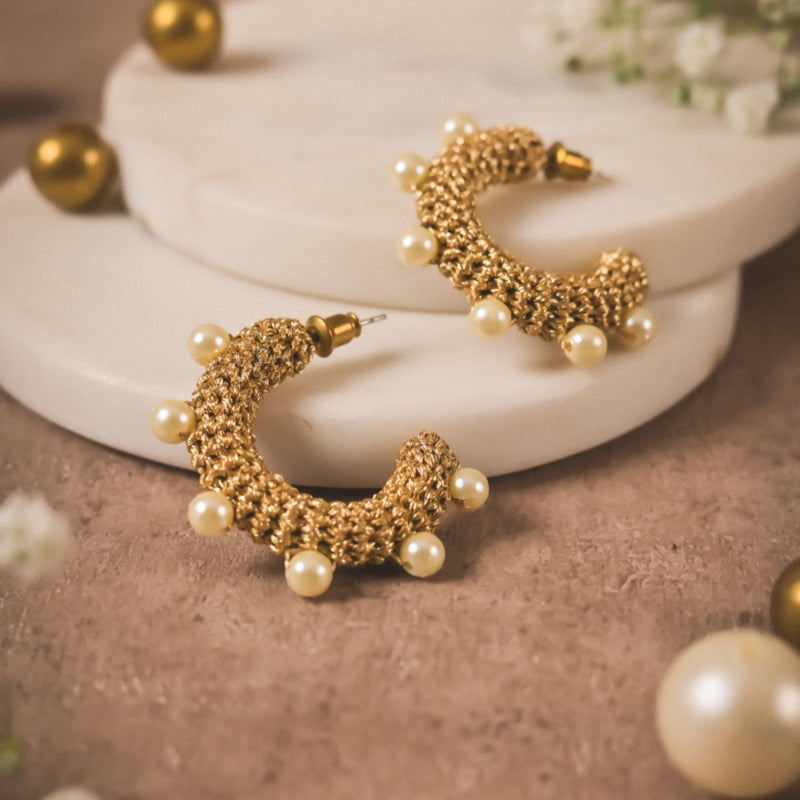 Handwoven Pearl-Embellished Brass Hoops – Contemporary Statement Earrings