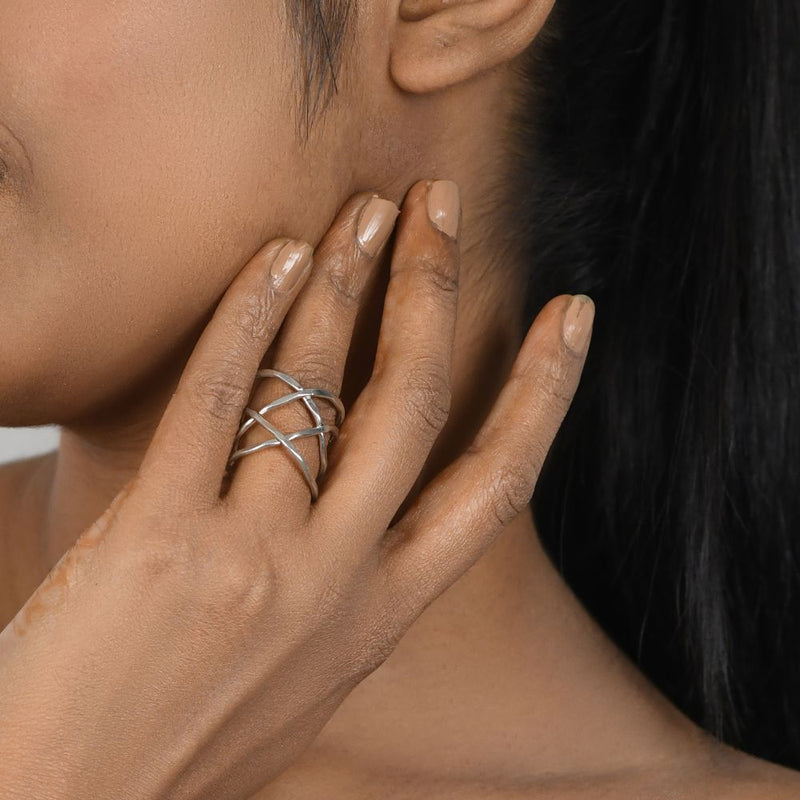Handcrafted Brass Geometric Finger Ring Silver Look