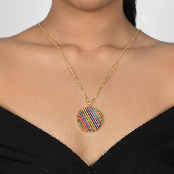 Handcrafted Brass Neckpiece with Multicoloured Wood Pendant