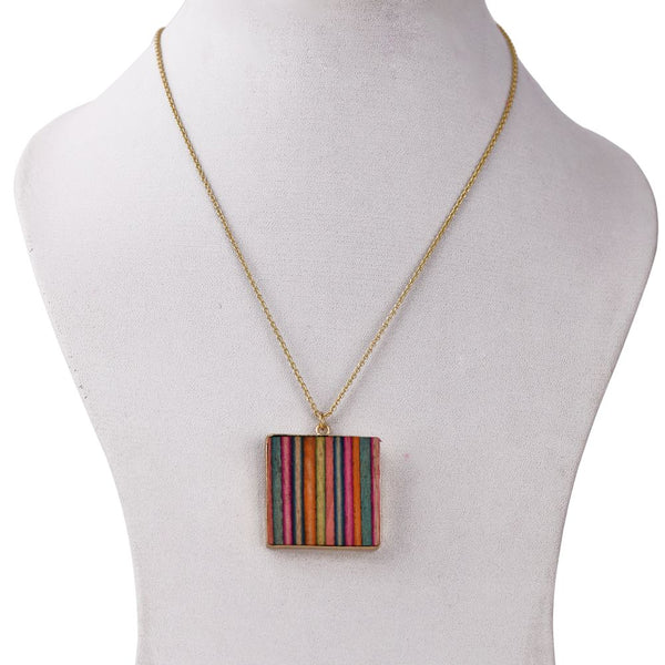 Handcrafted Brass Neckpiece with Square Multicoloured Wood Pendant