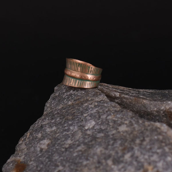 Handcrafted Copper Finger Ring with Green Lines