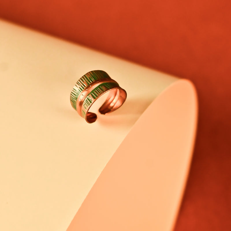 Handcrafted Copper Finger Ring with Green Lines