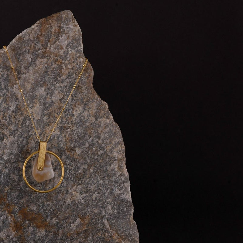 Handcrafted Brass Neckpiece with Circular Stone Pendant