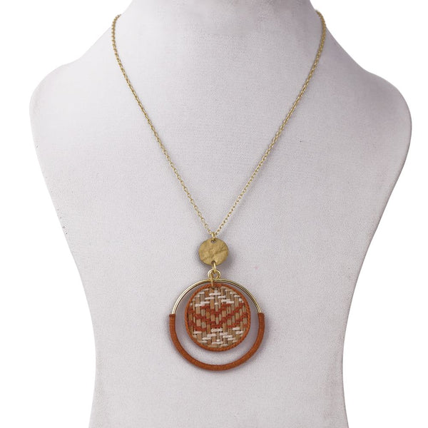 Handcrafted Brass Neckpiece with Natural Grass Circular Pendant