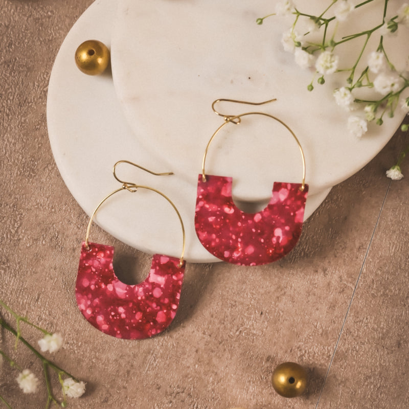 Handcrafted Red Resin Half-Moon Earrings in Brass | Lightweight Statement Earrings