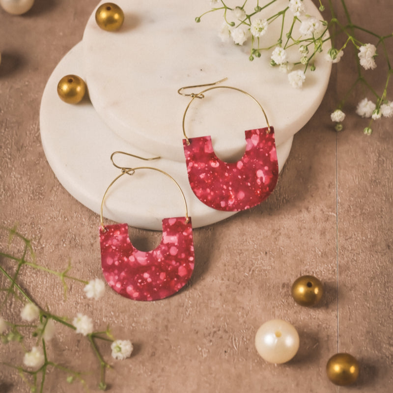 Handcrafted Red Resin Half-Moon Earrings in Brass | Lightweight Statement Earrings