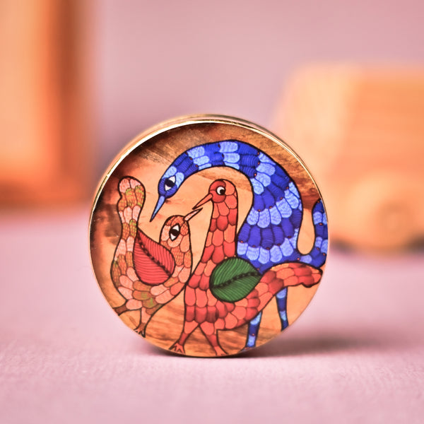 Handcrafted Brass Pill Box Gond Art- Triple Bird Design