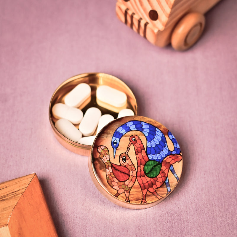 Handcrafted Brass Pill Box Gond Art- Triple Bird Design