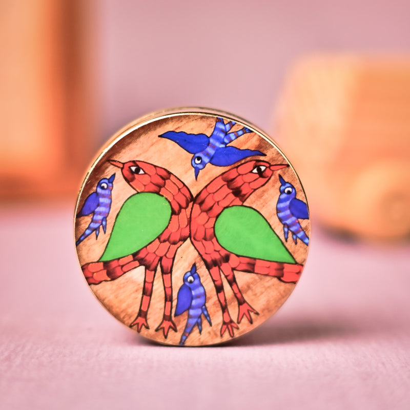 Handcrafted Brass Pill Box Gond Art- Bird Family Design