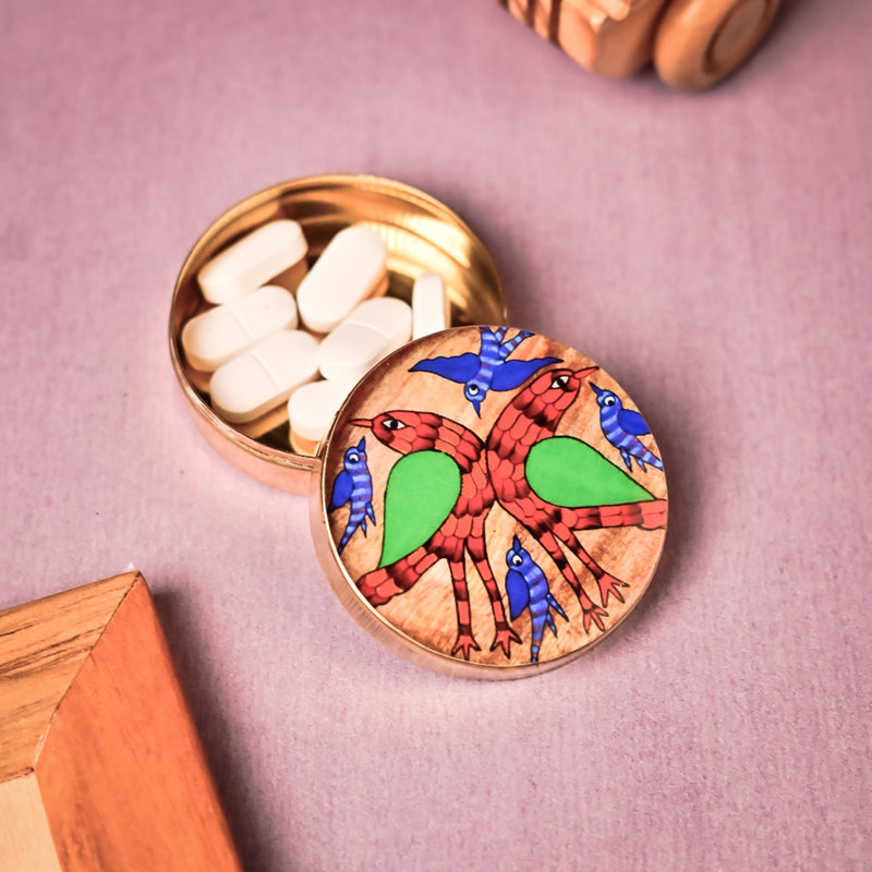 Handcrafted Brass Pill Box Gond Art- Bird Family Design