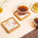 Wooden Square Coasters with White Floral Design Set of 2