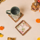 Wooden Square Coasters with White Floral Design Set of 2