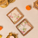 Wooden Square Coasters with White Floral Design Set of 2