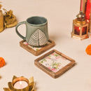 Wooden Square Coasters with White Floral Design Set of 2