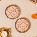 Wooden Round Coasters with Peach Floral Design Set of 2