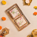 Wooden Tray White Floral With Coaster Set