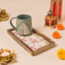 Wooden Tray White Floral With Coaster Set