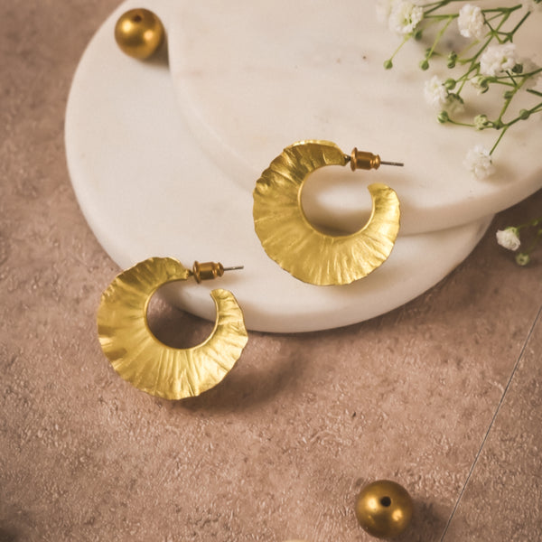 Handmade Textured Crescent Hoop Earrings – Gold-Tone Brass Statement Hoops