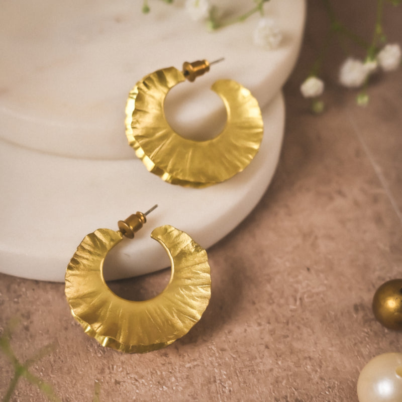 Handmade Textured Crescent Hoop Earrings – Gold-Tone Brass Statement Hoops