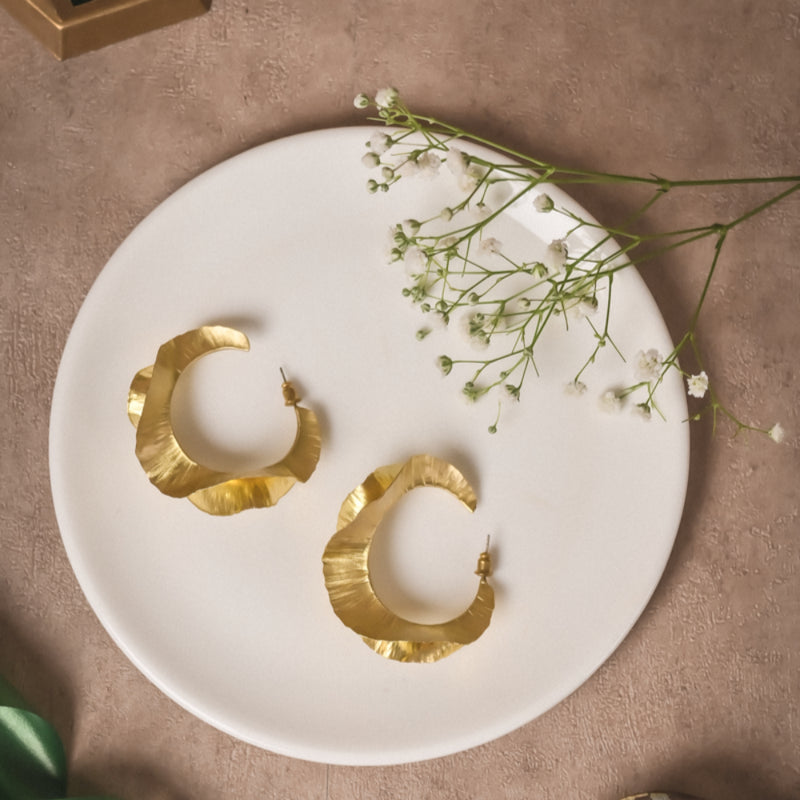 Textured Wavy Hoop Earrings for Women | Handcrafted Gold-Tone Brass Jewellery