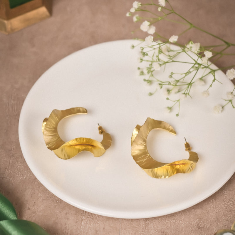Textured Wavy Hoop Earrings for Women | Handcrafted Gold-Tone Brass Jewellery