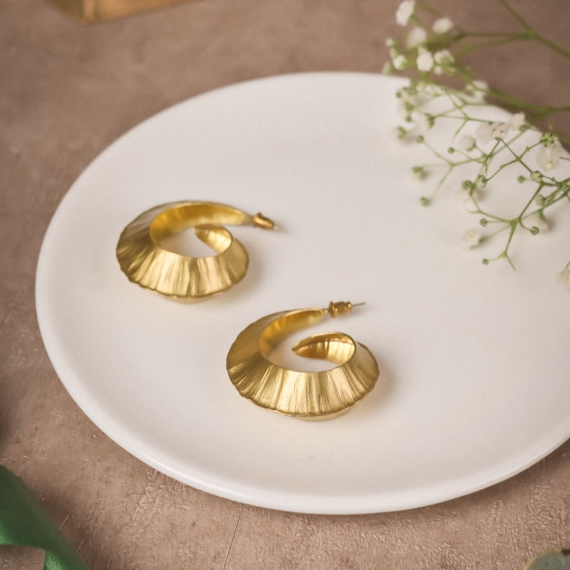 Handcrafted Spiral Brass Hoop Earrings – Textured Gold-Tone Statement Hoops