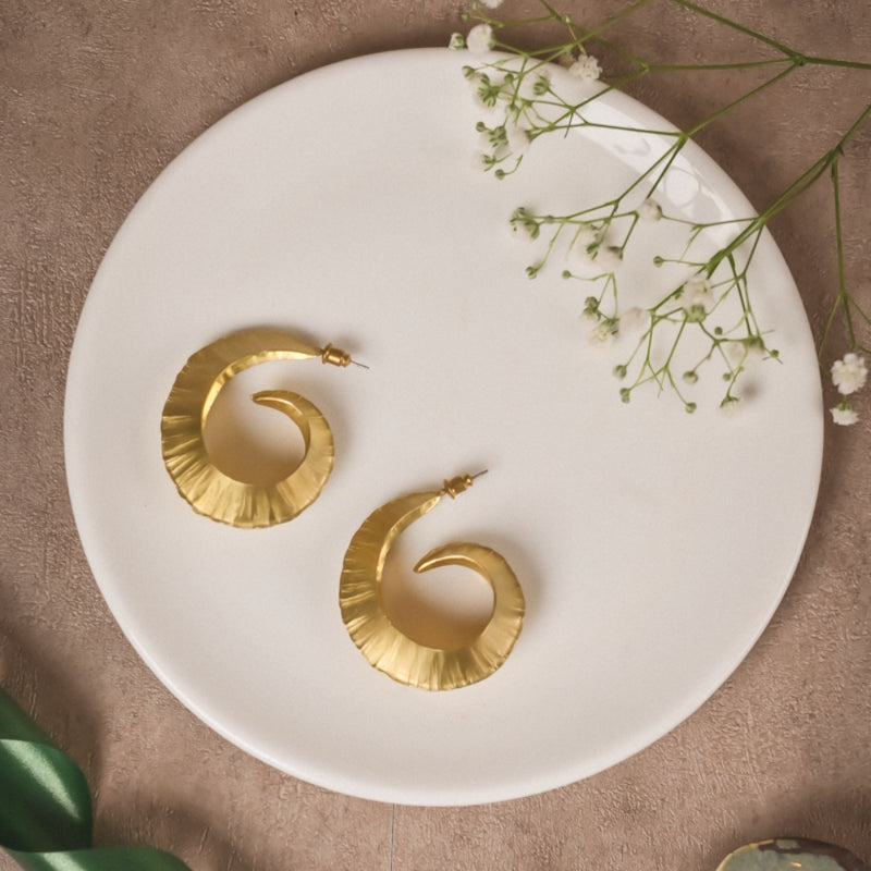 Handcrafted Spiral Brass Hoop Earrings – Textured Gold-Tone Statement Hoops