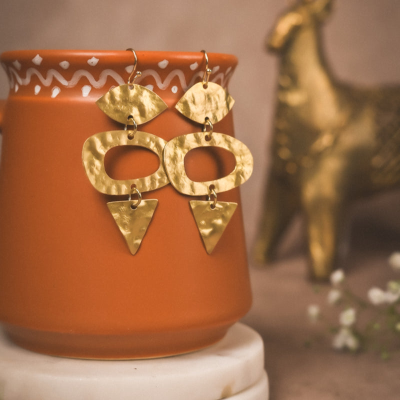 Handcrafted Geometric Brass Dangle Earrings – Bold Hammered Statement Jewelry