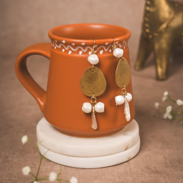 Hammered Gold Teardrop Earrings with Pearl Accents | Handcrafted Brass Jewellery