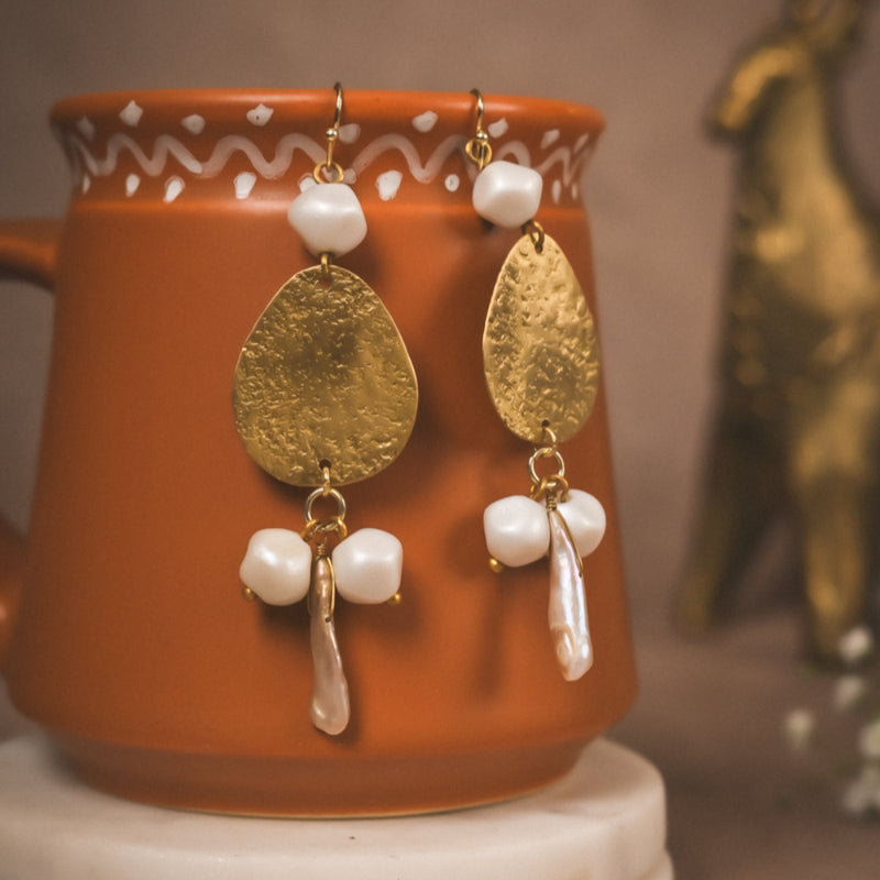 Hammered Gold Teardrop Earrings with Pearl Accents | Handcrafted Brass Jewellery