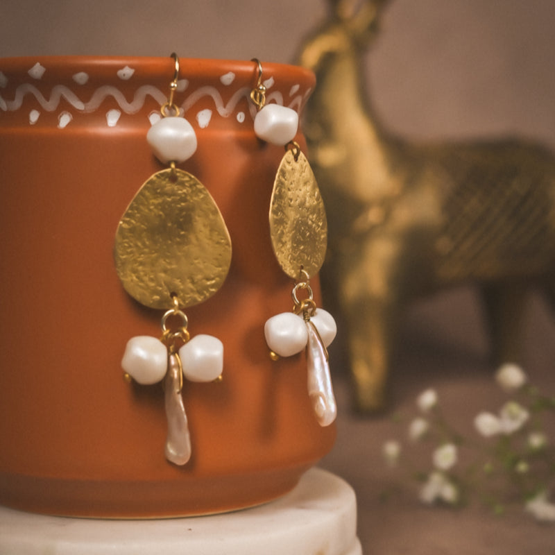 Hammered Gold Teardrop Earrings with Pearl Accents | Handcrafted Brass Jewellery
